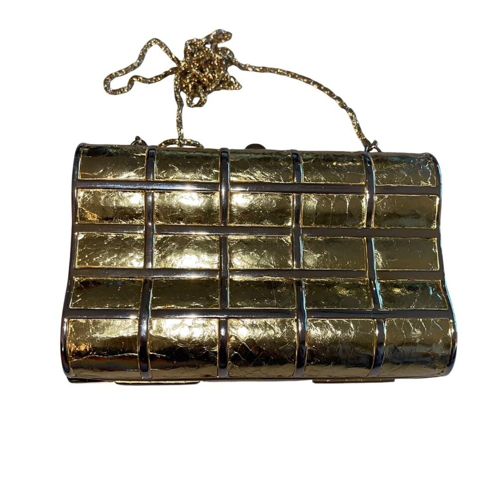 Vintage Womens Clutch Bag Gold Metallic Metal Convertible Chain Casual